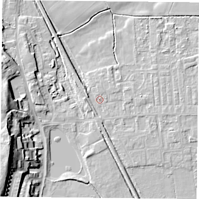 Shaded relief map of the ground around DN60JQ, computed from Environment Agency LiDAR. The ground here sits at about 6 m above sea level and falls 25 m across the surrounding 800 m. Surface water reaching this point runs off ground lying to the south-south-west, 2.2 m higher.