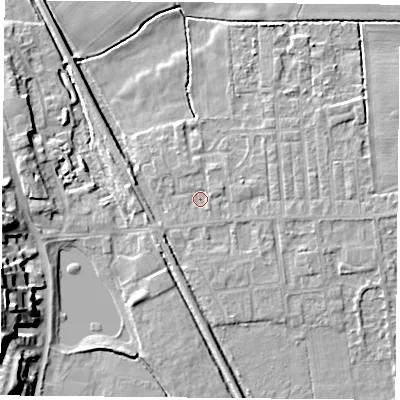 Shaded relief map of the ground around DN60JR, computed from Environment Agency LiDAR. The ground here sits at about 5 m above sea level and falls 15 m across the surrounding 800 m. Surface water reaching this point runs off ground lying to the south-west, 1.3 m higher.