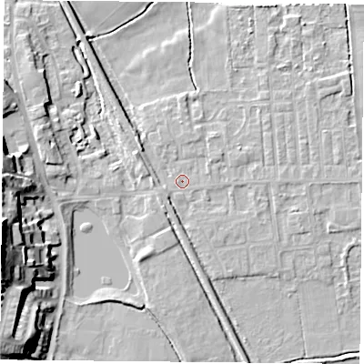 Shaded relief map of the ground around DN60JS, computed from Environment Agency LiDAR. The ground here sits at about 5 m above sea level and falls 23 m across the surrounding 800 m. Surface water reaching this point runs off ground lying to the south-west, 1.3 m higher.