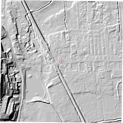 Shaded relief map of the ground around DN60JT, computed from Environment Agency LiDAR. The ground here sits at about 5 m above sea level and falls 25 m across the surrounding 800 m. Surface water reaching this point runs off ground lying to the south-west, 1.3 m higher.