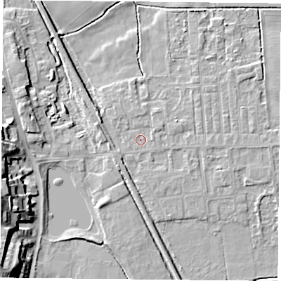 Shaded relief map of the ground around DN60JU, computed from Environment Agency LiDAR. The ground here sits at about 5 m above sea level and falls 16 m across the surrounding 800 m. Surface water reaching this point runs off ground lying to the south-west, 1.3 m higher.