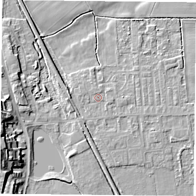 Shaded relief map of the ground around DN60JW, computed from Environment Agency LiDAR. The ground here sits at about 5 m above sea level and falls 16 m across the surrounding 800 m. Surface water reaching this point runs off ground lying to the south-south-west, 1.3 m higher.