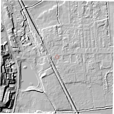Shaded relief map of the ground around DN60JY, computed from Environment Agency LiDAR. The ground here sits at about 5 m above sea level and falls 17 m across the surrounding 800 m. Surface water reaching this point runs off ground lying to the west, 1.3 m higher.