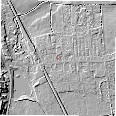 Shaded relief map of the ground around DN60LA, computed from Environment Agency LiDAR. The ground here sits at about 6 m above sea level and falls 12 m across the surrounding 800 m. Surface water reaching this point runs off ground lying to the north-north-east, 0.8 m higher.