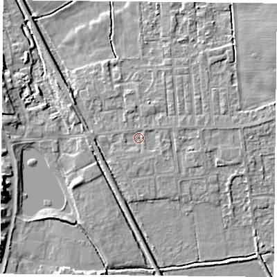 Shaded relief map of the ground around DN60LD, computed from Environment Agency LiDAR. The ground here sits at about 5 m above sea level and falls 9 m across the surrounding 800 m. Surface water reaching this point runs off ground lying to the south-south-west, 0.8 m higher.