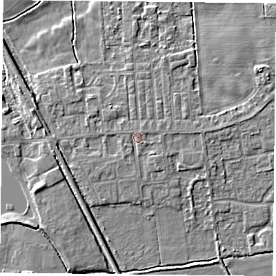 Shaded relief map of the ground around DN60LE, computed from Environment Agency LiDAR. The ground here sits at about 6 m above sea level and falls 4 m across the surrounding 800 m. Surface water reaching this point runs off ground lying to the south-south-east, 0.7 m higher.