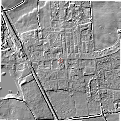 Shaded relief map of the ground around DN60LF, computed from Environment Agency LiDAR. The ground here sits at about 6 m above sea level and falls 4 m across the surrounding 800 m. Surface water reaching this point runs off ground lying to the south-west, 0.7 m higher.