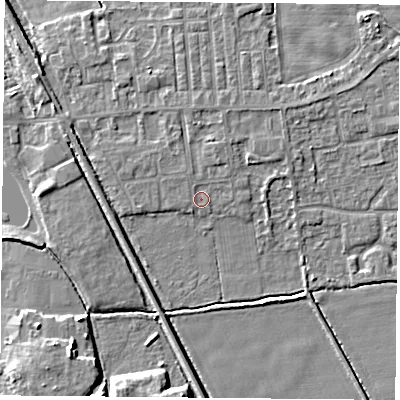 Shaded relief map of the ground around DN60LG, computed from Environment Agency LiDAR. The ground here sits at about 5 m above sea level and falls 5 m across the surrounding 800 m. Surface water reaching this point runs off ground lying to the north-north-east, 1.0 m higher.