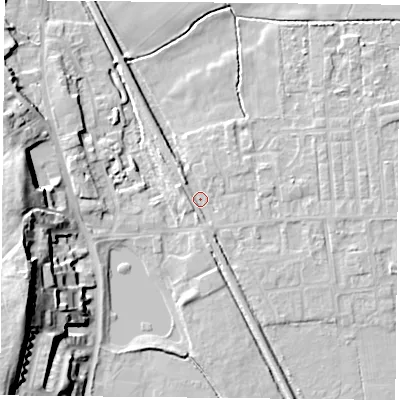 Shaded relief map of the ground around DN60LH, computed from Environment Agency LiDAR. The ground here sits at about 5 m above sea level and falls 26 m across the surrounding 800 m. Surface water reaching this point runs off ground lying to the south, 2.2 m higher.