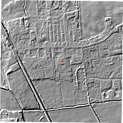 Shaded relief map of the ground around DN60LN, computed from Environment Agency LiDAR. The ground here sits at about 6 m above sea level and falls 5 m across the surrounding 800 m. The ground contributing surface water to this point lies to the south-south-east.