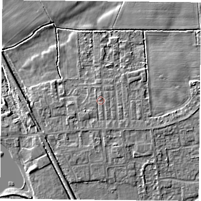 Shaded relief map of the ground around DN60LP, computed from Environment Agency LiDAR. The ground here sits at about 6 m above sea level and falls 5 m across the surrounding 800 m. Surface water reaching this point runs off ground lying to the south-west, 0.8 m higher.