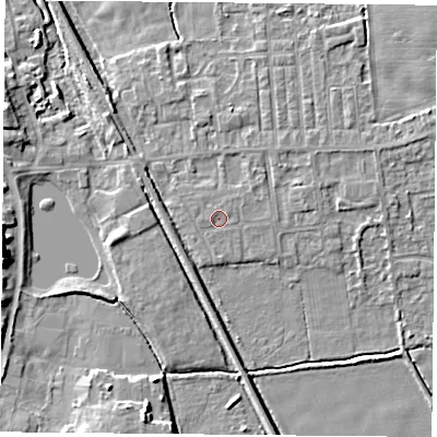 Shaded relief map of the ground around DN60LQ, computed from Environment Agency LiDAR. The ground here sits at about 6 m above sea level and falls 8 m across the surrounding 800 m. The ground contributing surface water to this point lies to the west-north-west.