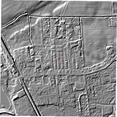 Shaded relief map of the ground around DN60LS, computed from Environment Agency LiDAR. The ground here sits at about 6 m above sea level and falls 5 m across the surrounding 800 m. Surface water reaching this point runs off ground lying to the south, 0.6 m higher.