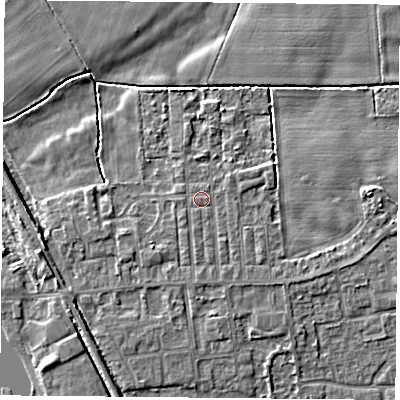 Shaded relief map of the ground around DN60LT, computed from Environment Agency LiDAR. The ground here sits at about 5 m above sea level and falls 5 m across the surrounding 800 m. Surface water reaching this point runs off ground lying to the south-south-east, 0.8 m higher.