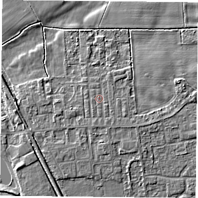 Shaded relief map of the ground around DN60LU, computed from Environment Agency LiDAR. The ground here sits at about 5 m above sea level and falls 5 m across the surrounding 800 m. Surface water reaching this point runs off ground lying to the south-south-east, 0.7 m higher.