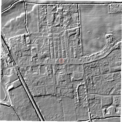 Shaded relief map of the ground around DN60LW, computed from Environment Agency LiDAR. The ground here sits at about 6 m above sea level and falls 5 m across the surrounding 800 m. Surface water reaching this point runs off ground lying to the east, 0.5 m higher.
