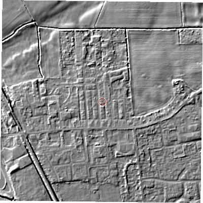 Shaded relief map of the ground around DN60LX, computed from Environment Agency LiDAR. The ground here sits at about 6 m above sea level and falls 5 m across the surrounding 800 m. Surface water reaching this point runs off ground lying to the south, 0.7 m higher.