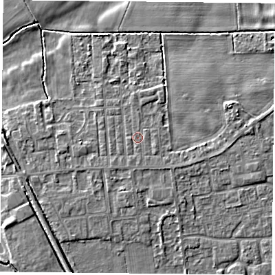 Shaded relief map of the ground around DN60LY, computed from Environment Agency LiDAR. The ground here sits at about 5 m above sea level and falls 8 m across the surrounding 800 m. Surface water reaching this point runs off ground lying to the south, 0.5 m higher.