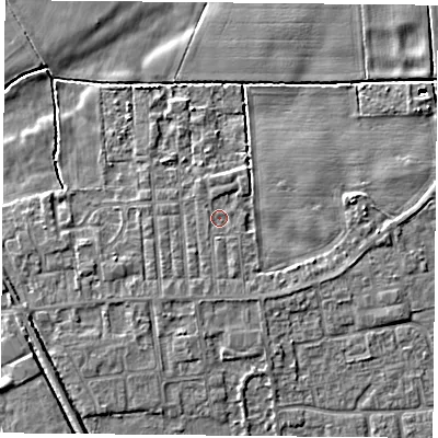 Shaded relief map of the ground around DN60LZ, computed from Environment Agency LiDAR. The ground here sits at about 5 m above sea level and falls 8 m across the surrounding 800 m. Surface water reaching this point runs off ground lying to the south-south-east, 0.9 m higher.