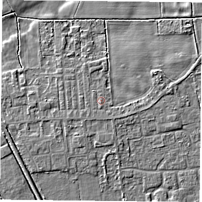 Shaded relief map of the ground around DN60NA, computed from Environment Agency LiDAR. The ground here sits at about 6 m above sea level and falls 7 m across the surrounding 800 m. Surface water reaching this point runs off ground lying to the south, 0.6 m higher.