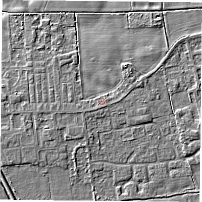 Shaded relief map of the ground around DN60NB, computed from Environment Agency LiDAR. The ground here sits at about 5 m above sea level and falls 7 m across the surrounding 800 m. Surface water reaching this point runs off ground lying to the south, 0.6 m higher.