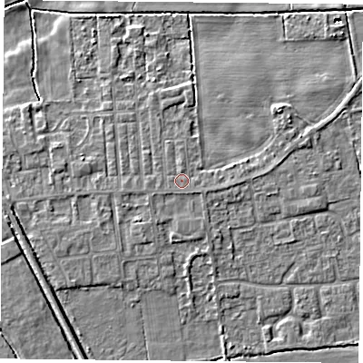Shaded relief map of the ground around DN60ND, computed from Environment Agency LiDAR. The ground here sits at about 6 m above sea level and falls 7 m across the surrounding 800 m. Surface water reaching this point runs off ground lying to the north, 0.5 m higher.