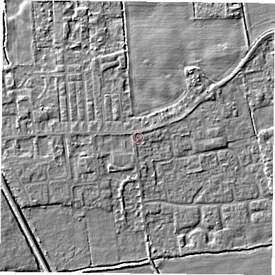 Shaded relief map of the ground around DN60NE, computed from Environment Agency LiDAR. The ground here sits at about 6 m above sea level and falls 7 m across the surrounding 800 m. Surface water reaching this point runs off ground lying to the north-east, 0.7 m higher.