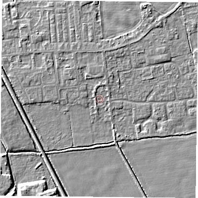Shaded relief map of the ground around DN60NG, computed from Environment Agency LiDAR. The ground here sits at about 5 m above sea level and falls 5 m across the surrounding 800 m. Surface water reaching this point runs off ground lying to the north-west, 1.4 m higher.
