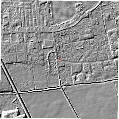 Shaded relief map of the ground around DN60NH, computed from Environment Agency LiDAR. The ground here sits at about 5 m above sea level and falls 5 m across the surrounding 800 m. Surface water reaching this point runs off ground lying to the north-north-west, 0.9 m higher.