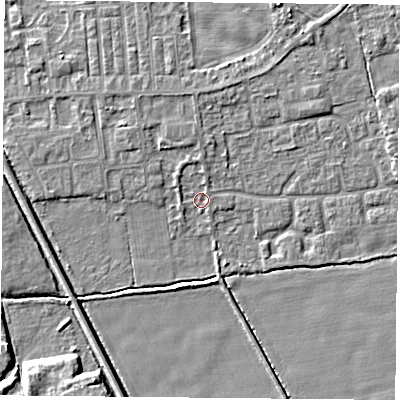 Shaded relief map of the ground around DN60NQ, computed from Environment Agency LiDAR. The ground here sits at about 5 m above sea level and falls 5 m across the surrounding 800 m. Surface water reaching this point runs off ground lying to the north-west, 1.1 m higher.