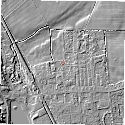 Shaded relief map of the ground around DN60NU, computed from Environment Agency LiDAR. The ground here sits at about 5 m above sea level and falls 9 m across the surrounding 800 m. Surface water reaching this point runs off ground lying to the south-south-east, 1.7 m higher.