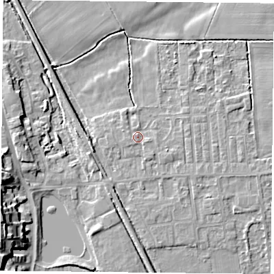 Shaded relief map of the ground around DN60NY, computed from Environment Agency LiDAR. The ground here sits at about 6 m above sea level and falls 15 m across the surrounding 800 m. Surface water reaching this point runs off ground lying to the east-south-east, 1.0 m higher.