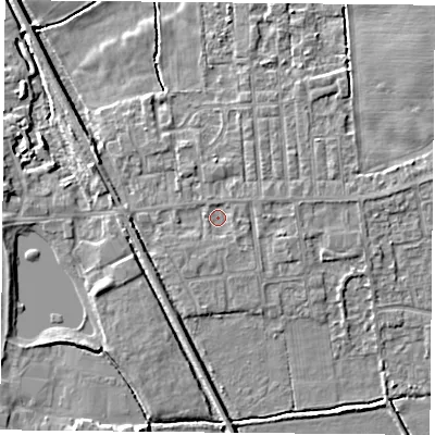 Shaded relief map of the ground around DN60PA, computed from Environment Agency LiDAR. The ground here sits at about 5 m above sea level and falls 4 m across the surrounding 800 m. Surface water reaching this point runs off ground lying to the south-west, 0.7 m higher.