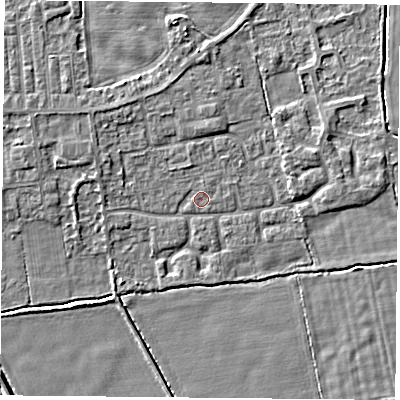 Shaded relief map of the ground around DN60PB, computed from Environment Agency LiDAR. The ground here sits at about 4 m above sea level and falls 4 m across the surrounding 800 m. Surface water reaching this point runs off ground lying to the north-north-west, 0.8 m higher.