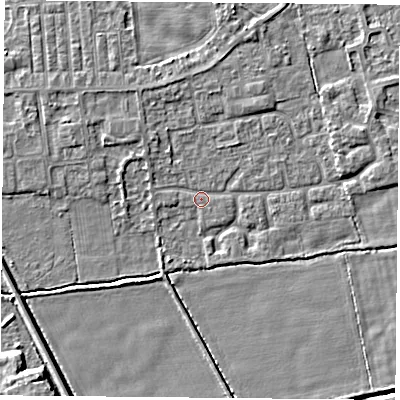 Shaded relief map of the ground around DN60PD, computed from Environment Agency LiDAR. The ground here sits at about 5 m above sea level and falls 6 m across the surrounding 800 m. Surface water reaching this point runs off ground lying to the north-north-west, 1.6 m higher.