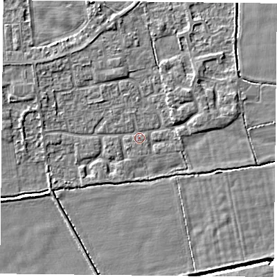Shaded relief map of the ground around DN60PE, computed from Environment Agency LiDAR. The ground here sits at about 5 m above sea level and falls 5 m across the surrounding 800 m. Surface water reaching this point runs off ground lying to the east-north-east, 2.0 m higher.