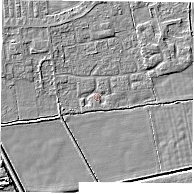Shaded relief map of the ground around DN60PF, computed from Environment Agency LiDAR. The ground here sits at about 5 m above sea level and falls 7 m across the surrounding 800 m. Surface water reaching this point runs off ground lying to the west-south-west, 1.0 m higher.