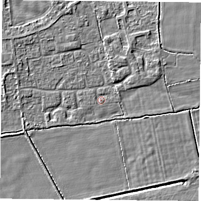 Shaded relief map of the ground around DN60PG, computed from Environment Agency LiDAR. The ground here sits at about 5 m above sea level and falls 4 m across the surrounding 800 m. Surface water reaching this point runs off ground lying to the east-north-east, 0.9 m higher.