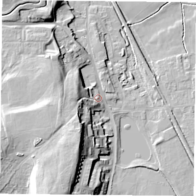 Shaded relief map of the ground around DN60PW, computed from Environment Agency LiDAR. The ground here sits at about 9 m above sea level and falls 26 m across the surrounding 800 m. Surface water reaching this point runs off ground lying to the south-south-west, 19.6 m higher.