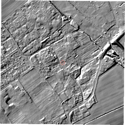Shaded relief map of the ground around DN67AA, computed from Environment Agency LiDAR. The ground here sits at about 8 m above sea level and falls 17 m across the surrounding 800 m. Surface water reaching this point runs off ground lying to the south-west, 14.4 m higher.