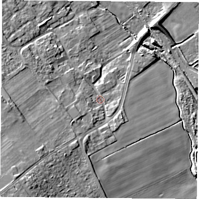 Shaded relief map of the ground around DN67AD, computed from Environment Agency LiDAR. The ground here sits at about 8 m above sea level and falls 20 m across the surrounding 800 m. Surface water reaching this point runs off ground lying to the south-west, 16.1 m higher.