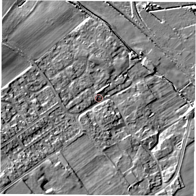 Shaded relief map of the ground around DN67AF, computed from Environment Agency LiDAR. The ground here sits at about 8 m above sea level and falls 19 m across the surrounding 800 m. Surface water reaching this point runs off ground lying to the south-west, 15.9 m higher.