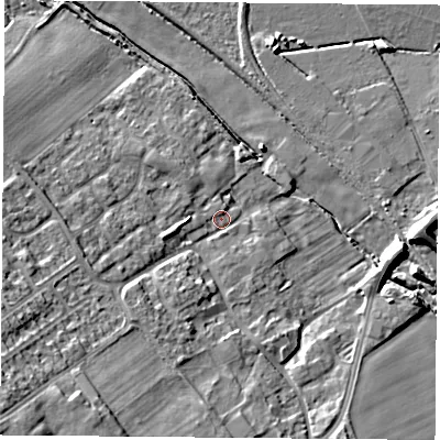 Shaded relief map of the ground around DN67AG, computed from Environment Agency LiDAR. The ground here sits at about 7 m above sea level and falls 16 m across the surrounding 800 m. Surface water reaching this point runs off ground lying to the south-west, 14.3 m higher.