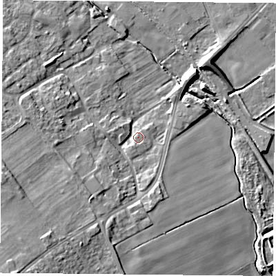 Shaded relief map of the ground around DN67AH, computed from Environment Agency LiDAR. The ground here sits at about 8 m above sea level and falls 18 m across the surrounding 800 m. Surface water reaching this point runs off ground lying to the south-west, 17.3 m higher.