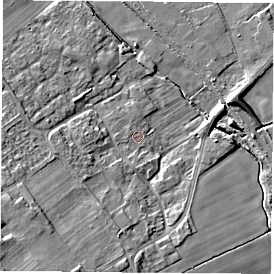 Shaded relief map of the ground around DN67AP, computed from Environment Agency LiDAR. The ground here sits at about 7 m above sea level and falls 16 m across the surrounding 800 m. Surface water reaching this point runs off ground lying to the south, 1.1 m higher.