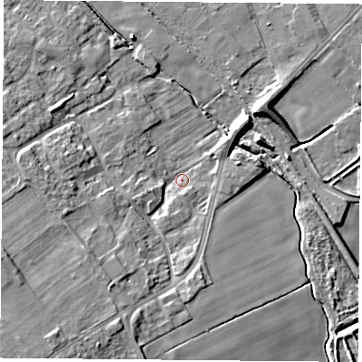 Shaded relief map of the ground around DN67AQ, computed from Environment Agency LiDAR. The ground here sits at about 7 m above sea level and falls 17 m across the surrounding 800 m. Surface water reaching this point runs off ground lying to the south-west, 15.8 m higher.
