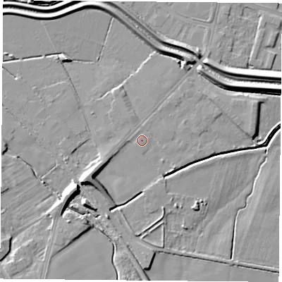 Shaded relief map of the ground around DN67AU, computed from Environment Agency LiDAR. The ground here sits at about 7 m above sea level and falls 11 m across the surrounding 800 m. The ground contributing surface water to this point lies to the north-north-west.