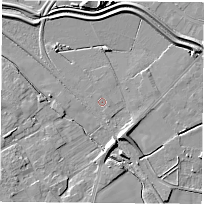 Shaded relief map of the ground around DN67AW, computed from Environment Agency LiDAR. The ground here sits at about 7 m above sea level and falls 11 m across the surrounding 800 m. The ground contributing surface water to this point lies to the south-east.