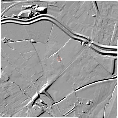 Shaded relief map of the ground around DN67AY, computed from Environment Agency LiDAR. The ground here sits at about 7 m above sea level and falls 16 m across the surrounding 800 m. Surface water reaching this point runs off ground lying to the south-south-west, 2.1 m higher.