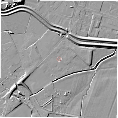 Shaded relief map of the ground around DN67AZ, computed from Environment Agency LiDAR. The ground here sits at about 7 m above sea level and falls 17 m across the surrounding 800 m. Surface water reaching this point runs off ground lying to the west, 0.7 m higher.